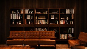 Et bibliotek med en brun lædersofa, flere reoler og et tæppe på gulvet.