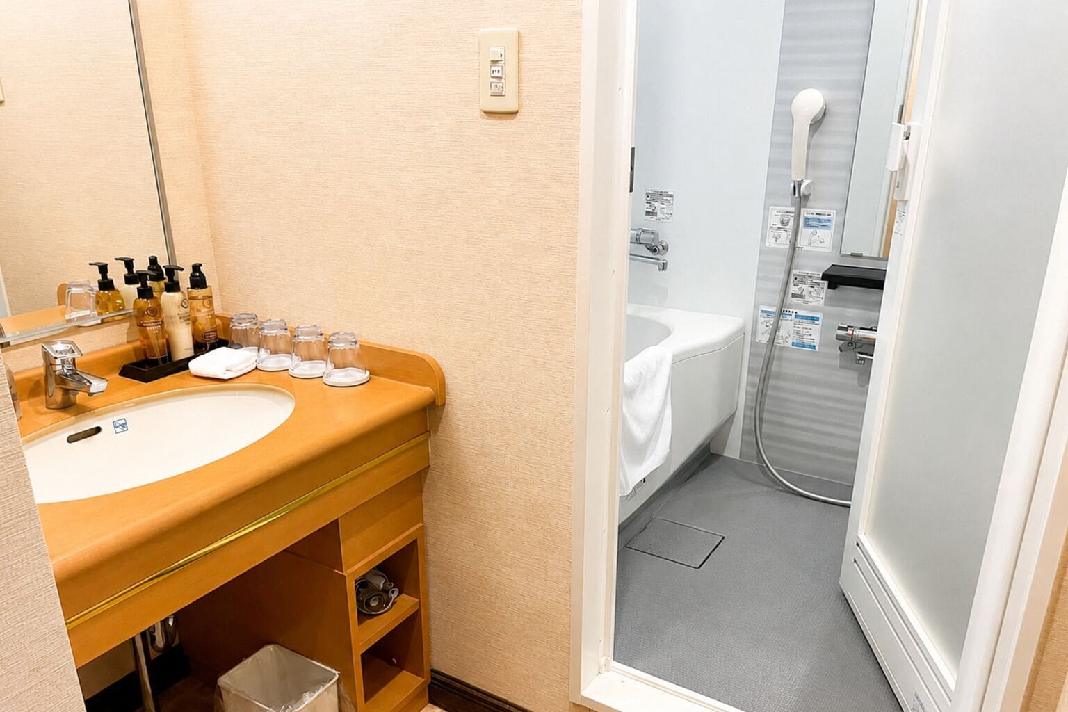 A bathroom with a sink, mirror, toiletries, and a shower.