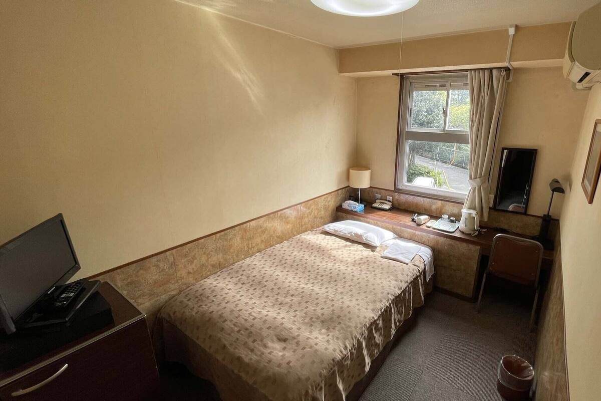 A small hotel room with a single bed, a desk with a chair, a TV, and a window with curtains.