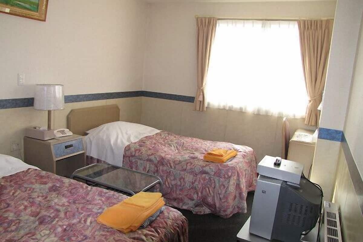 Habitación de hotel con dos camas, un escritorio, una lámpara, un televisor y una ventana con cortinas.
