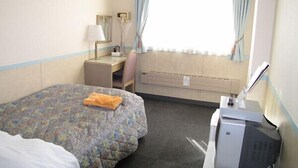 A hotel room with a bed, a desk, a chair, a television, and a window with curtains. - Business Hotel Motonakano (Tomakomai)