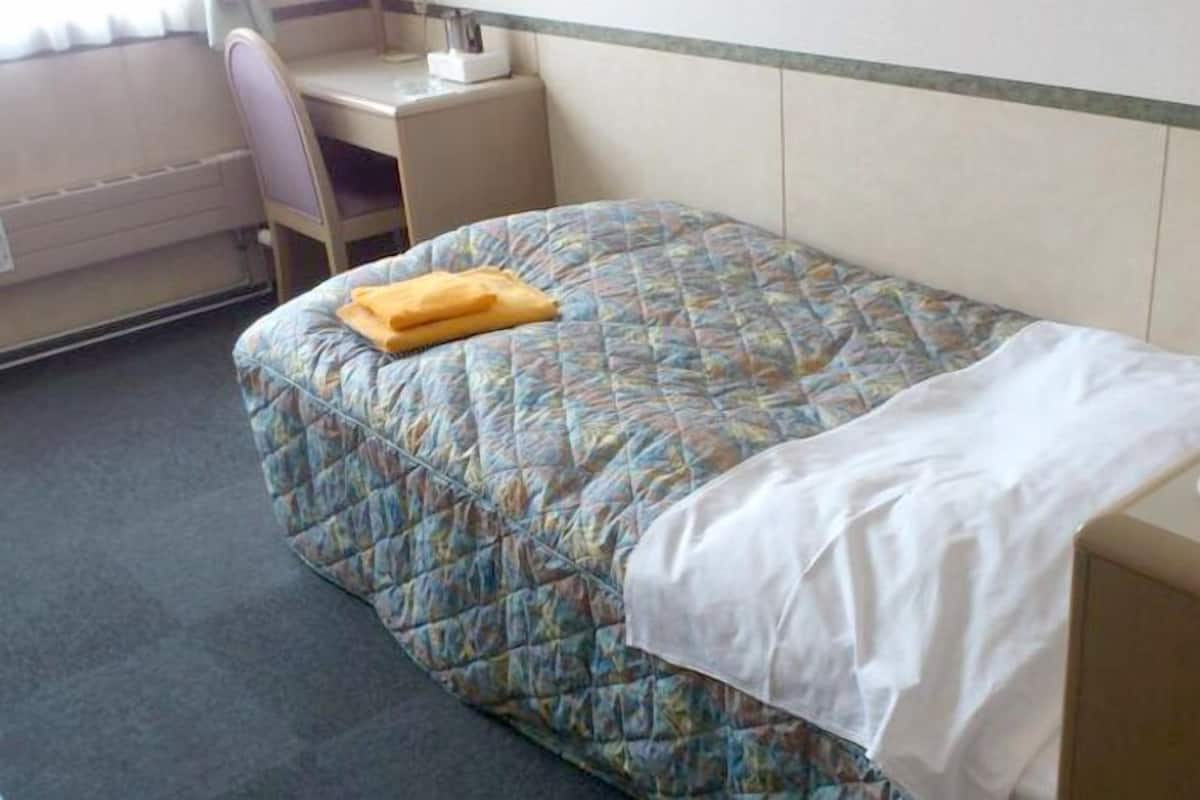 Una habitación de hotel pequeña con una cama, un escritorio, una silla y un teléfono.