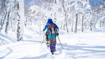 Sentiero innevato in una foresta, con una persona che indossa un giubbotto blu e porta uno zaino.