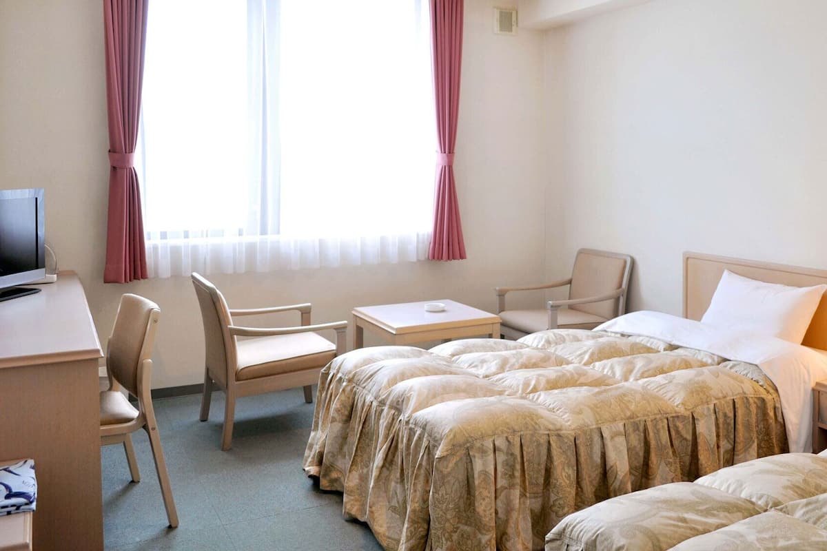 A hotel room with a bed, two chairs, a desk, a TV, a lamp, and a window with curtains.