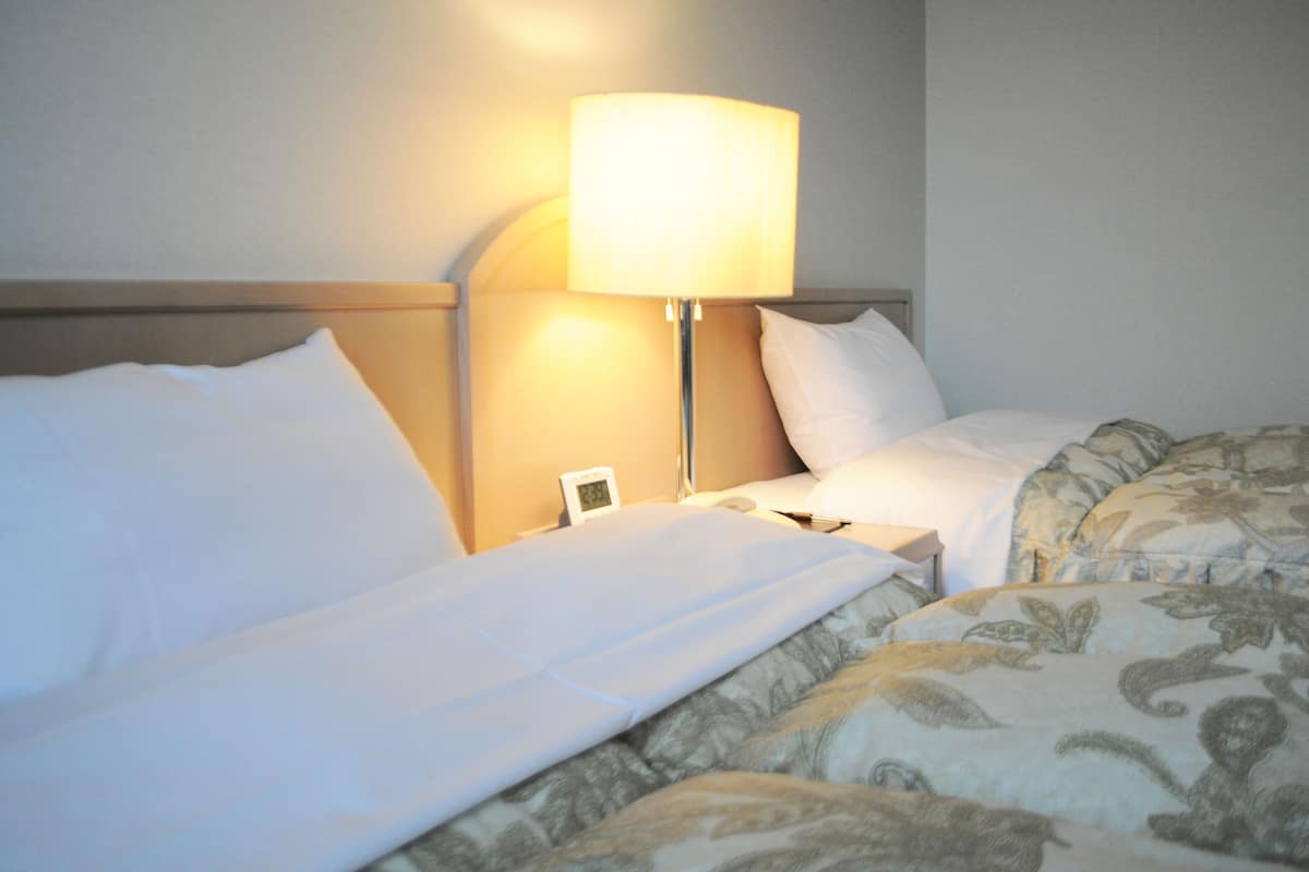 A hotel room with two beds, a bedside table, a lamp, and a clock.