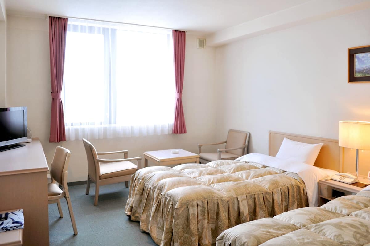 A hotel room with a bed, desk, chair, and a television.