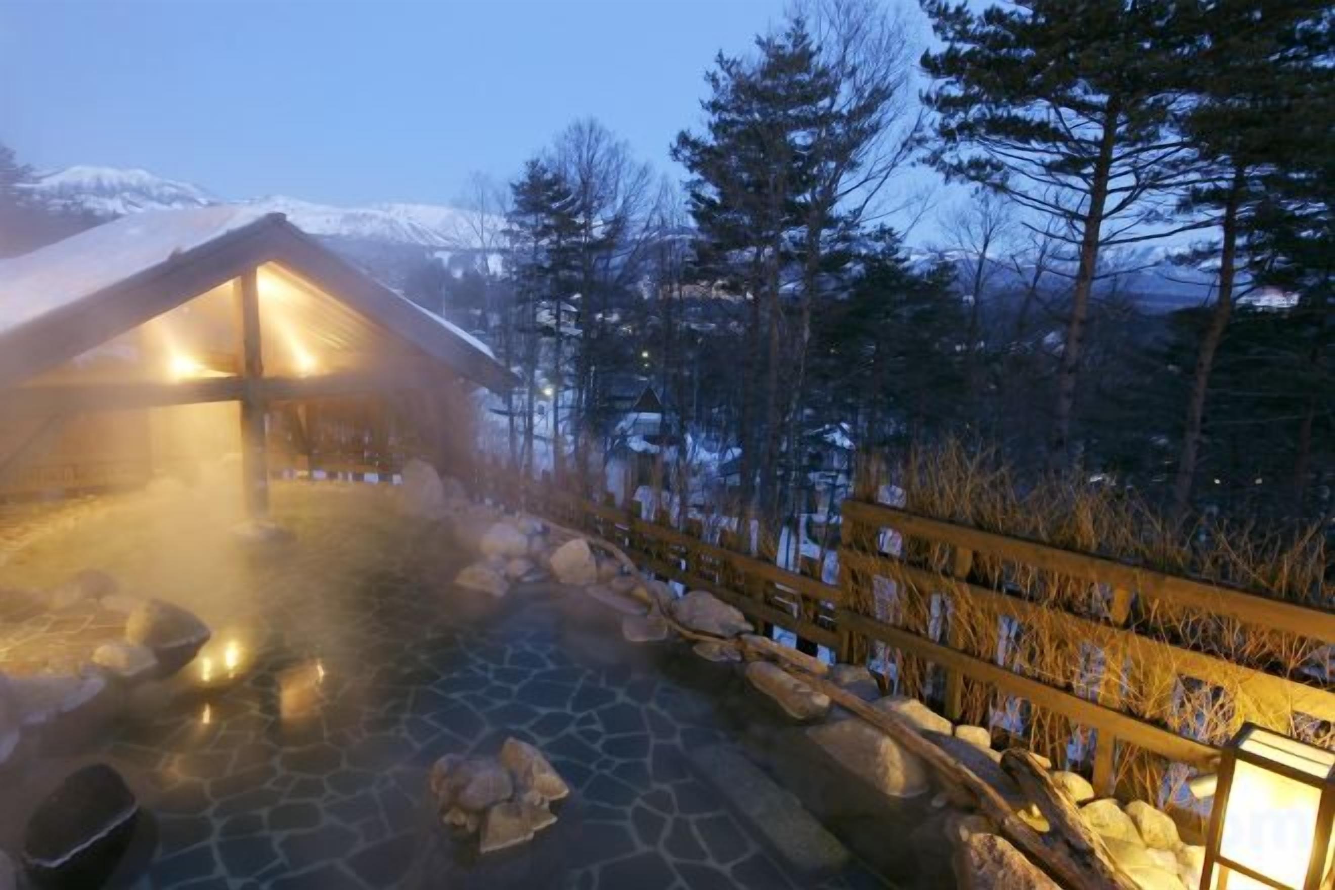 A hot spring area with a wooden deck and a building with a glass roof.