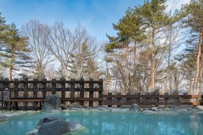 Una piscina con rocce e una recinzione in legno, circondata da alberi.