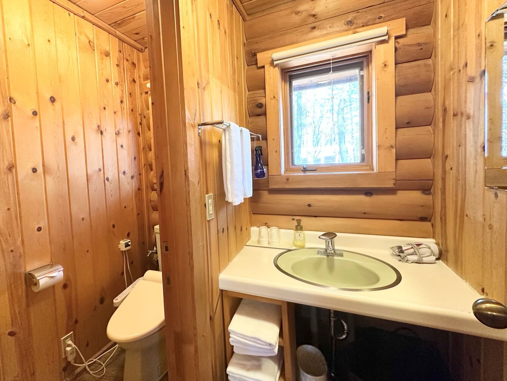 Et badeværelse i en træhytte med toilet, vask og vindue.