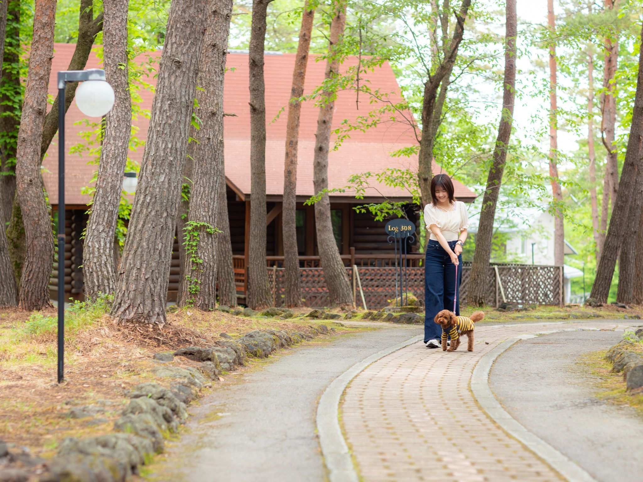 A woman walking a dog on a paved path in a wooded area with a wooden cabin in the background.