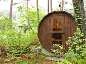 Une cabane en bois avec une porte et une fenêtre, entourée d’arbres et de verdure.