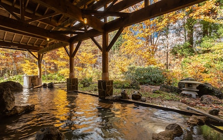 A traditional Japanese onsen with wooden beams and stone lanterns, surrounded by autumn foliage.