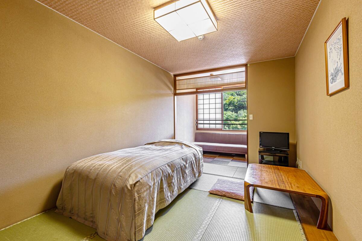 Une chambre avec un lit, une petite table en bois, une télévision et une fenêtre donnant sur un paysage verdoyant.