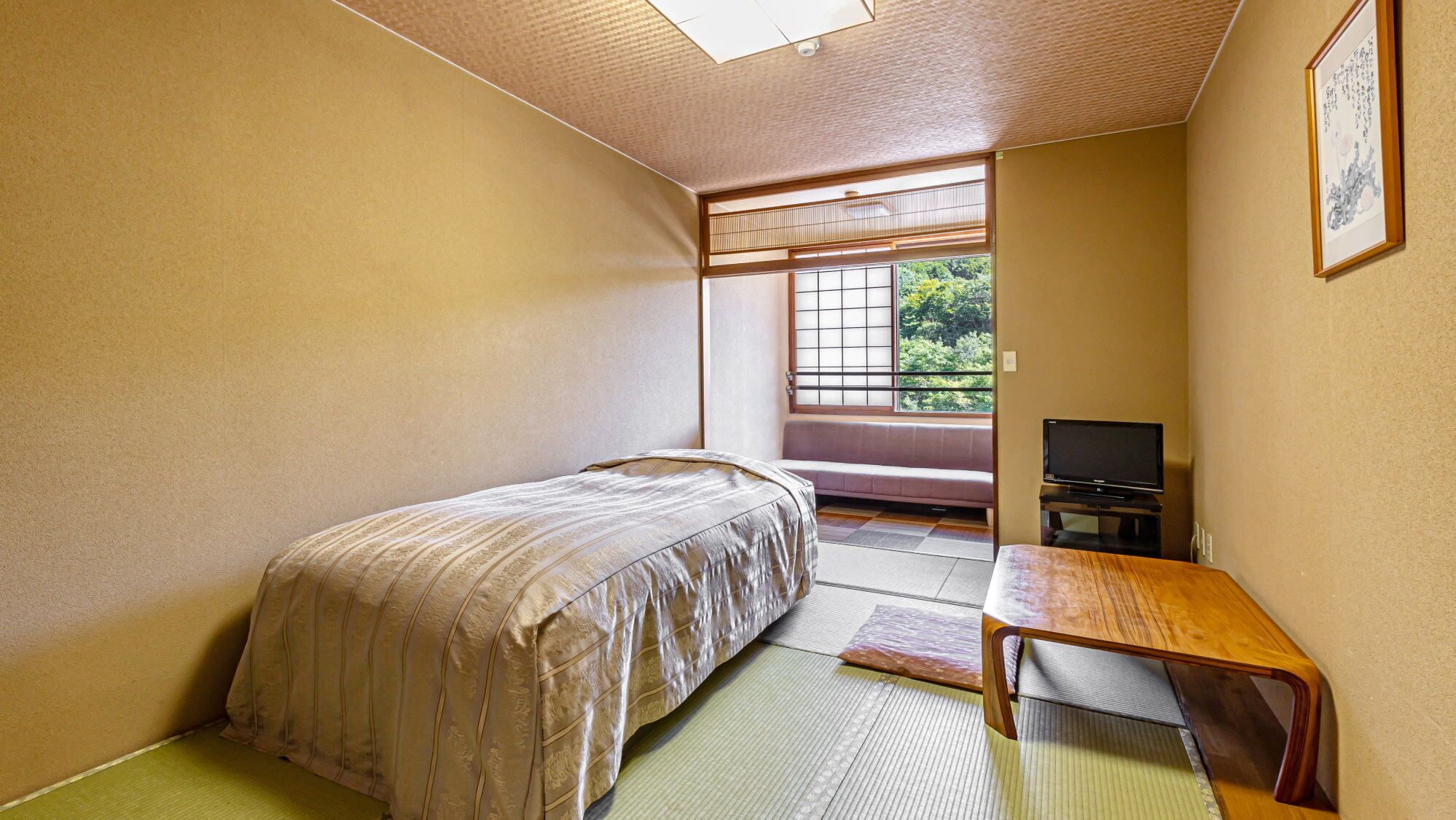 Une chambre avec un lit, une télévision, des tatamis, une fenêtre donnant sur un paysage verdoyant et une porte coulissante.