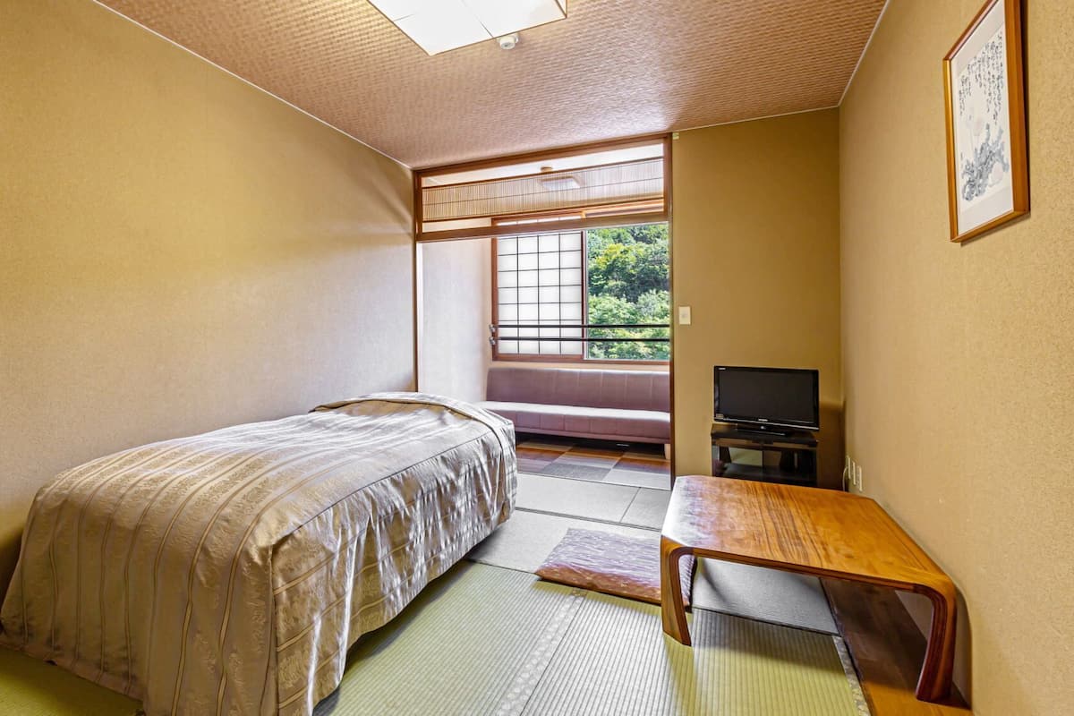 Une chambre avec un lit, une télévision, des tatamis, une fenêtre donnant sur un paysage verdoyant et une porte coulissante.