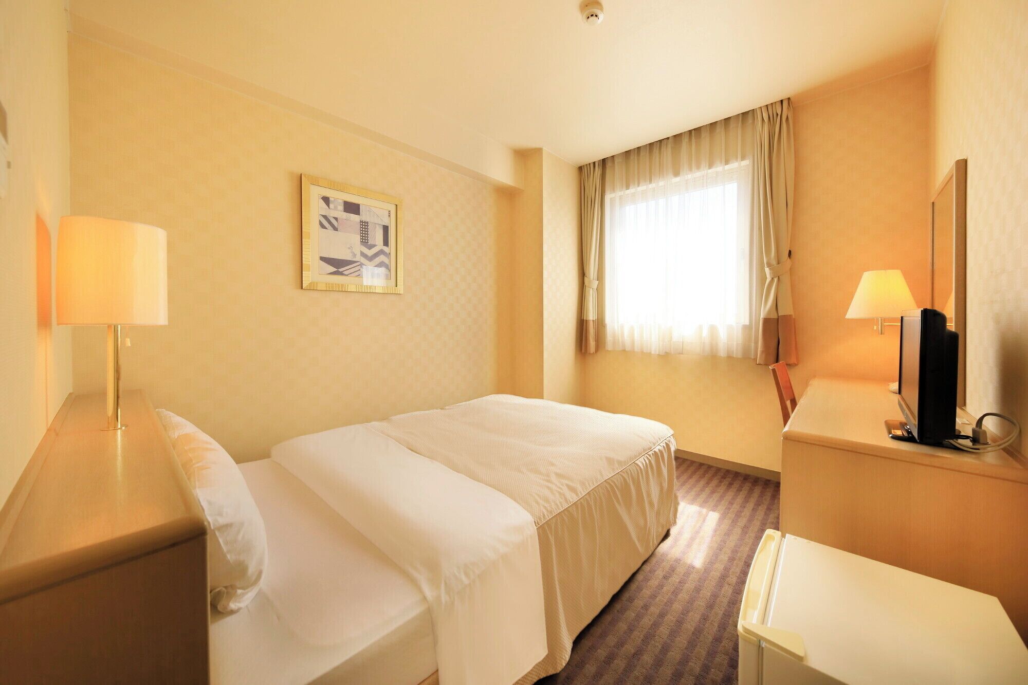 Een hotelkamer met een bed, nachtkastjes, een bureau, een stoel, een televisie en een raam met gordijnen.