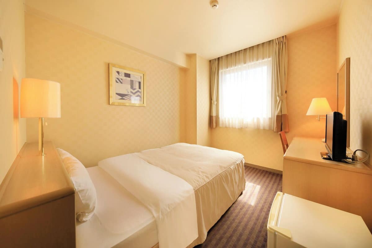 Een hotelkamer met een bed, nachtkastjes, een bureau, een stoel, een televisie en een raam met gordijnen.