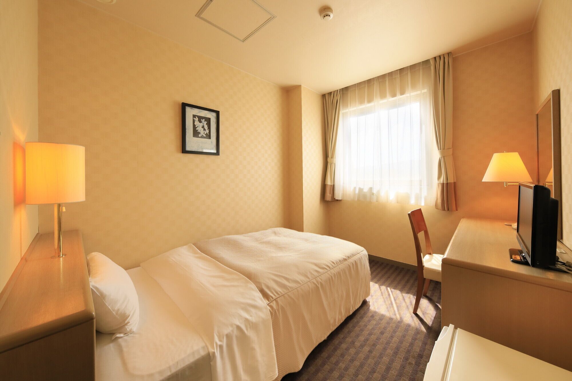 Een hotelkamer met een bed, een bureau, een stoel, een televisie en een raam met gordijnen.