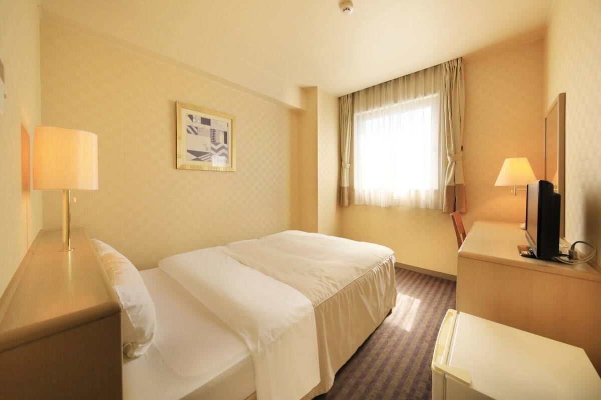 Een hotelkamer met een bed, een bureau, een stoel, een televisietoestel en een raam met gordijnen.