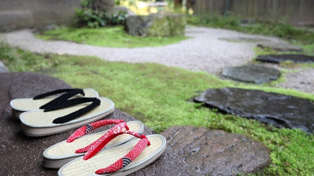 A pair of flip-flops on a rock in a garden with a stone path.