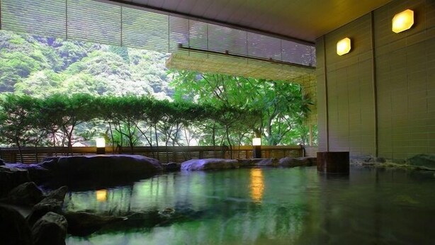 Un jardín interior tranquilo con un estanque reflectante, asientos de piedra e iluminación ambiental.