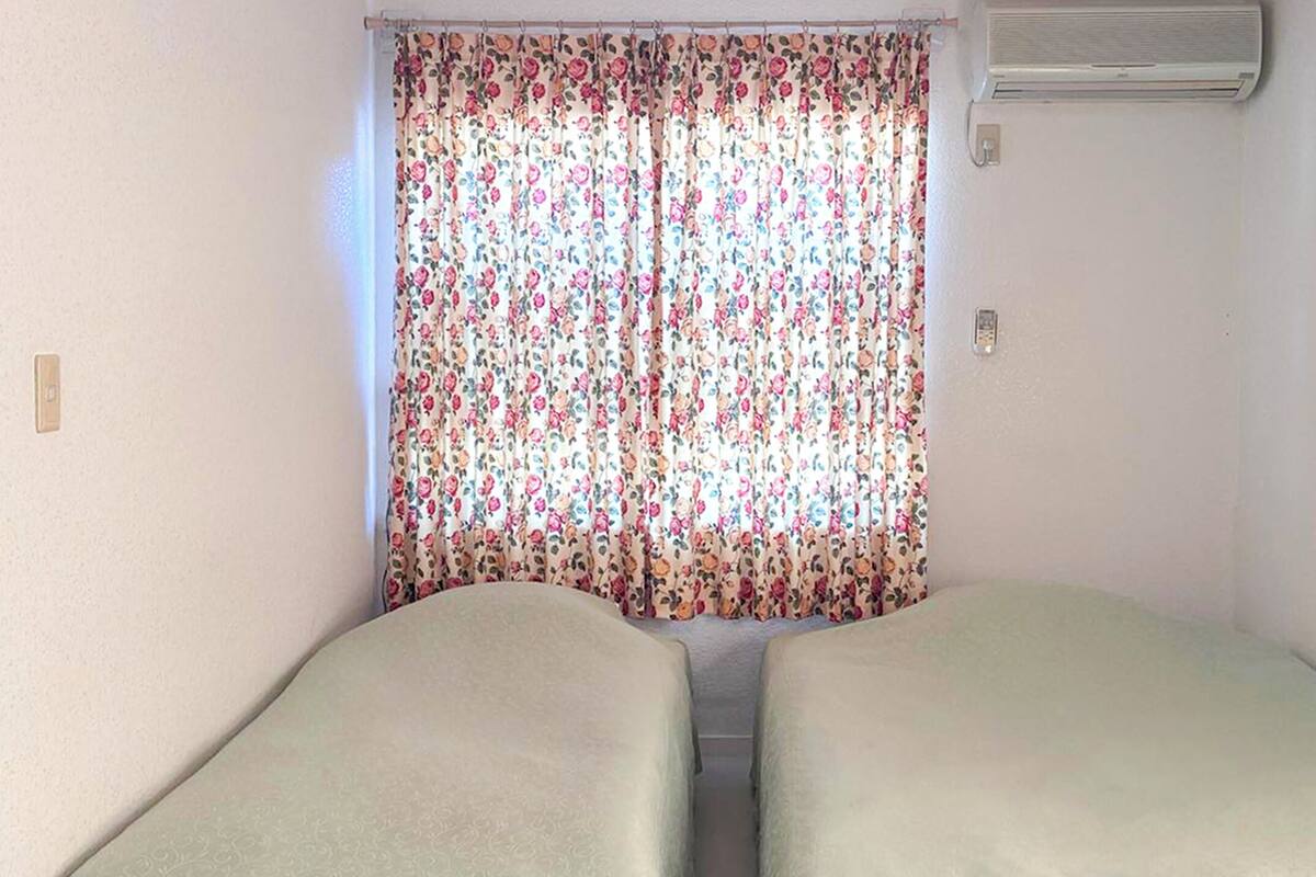Una habitación con dos camas, una cortina estampada, un equipo de aire acondicionado y un cuadro pequeño en la pared.