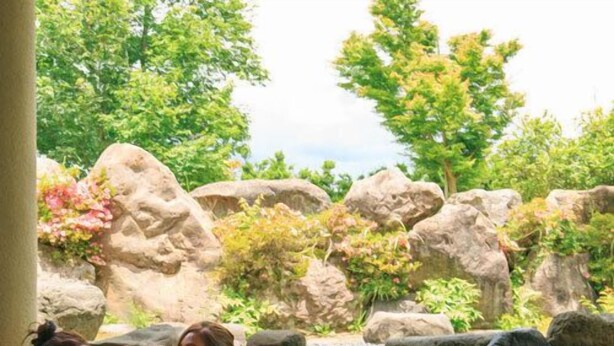 Ein Wellnessbereich mit Pool, großen Felsen und üppiger Vegetation.
