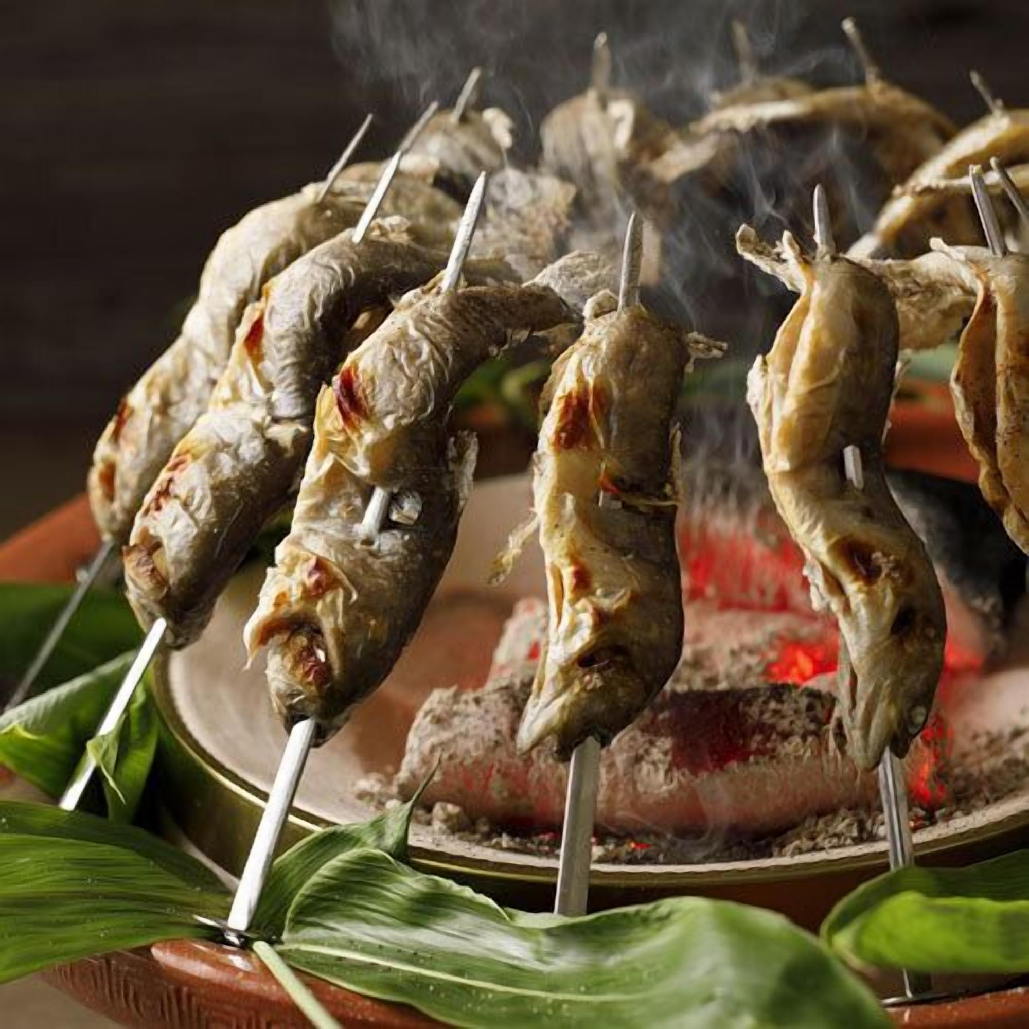 Skewered meat being grilled over an open flame.