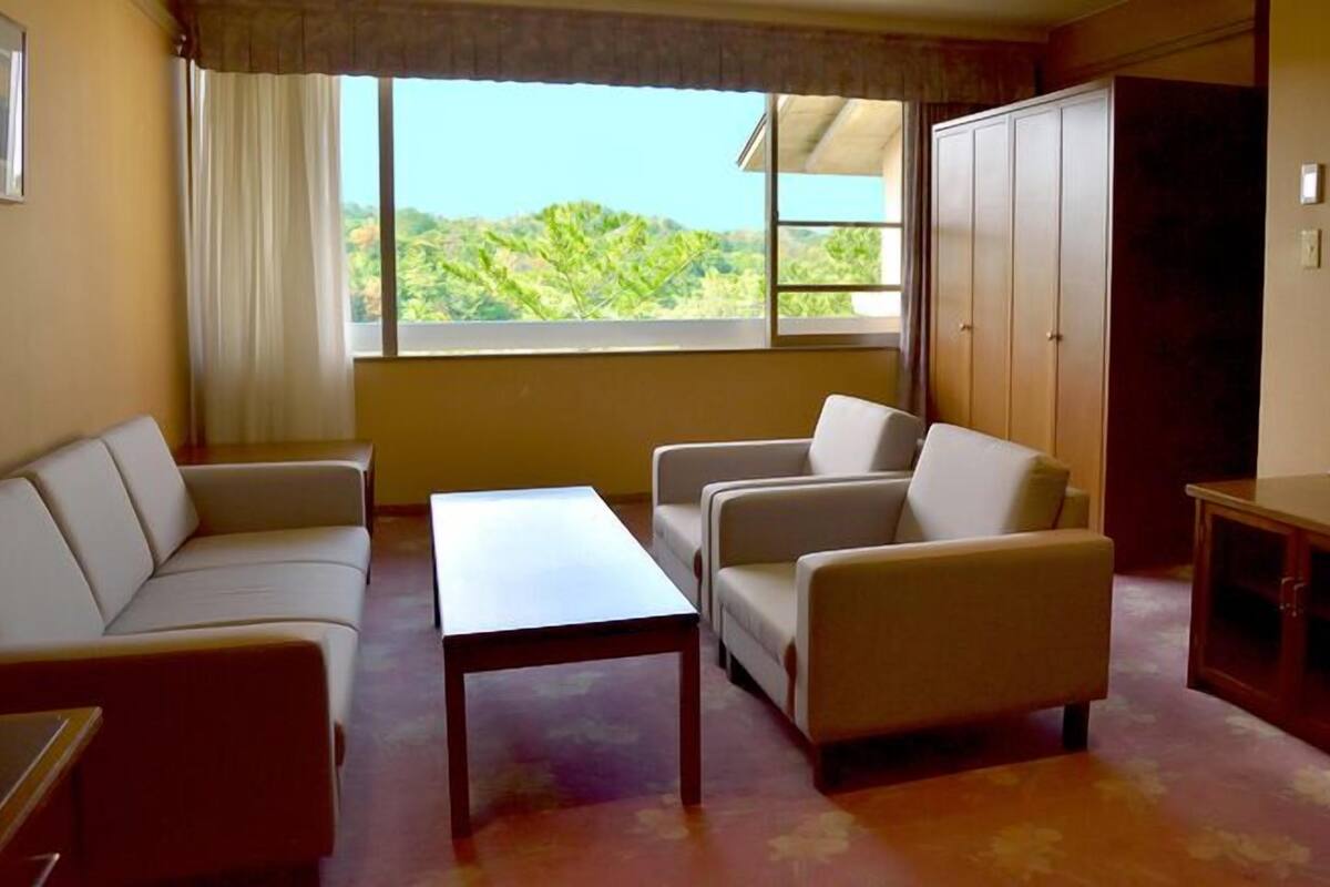 A living room with a sofa, armchairs, a coffee table, a TV, and a wardrobe.