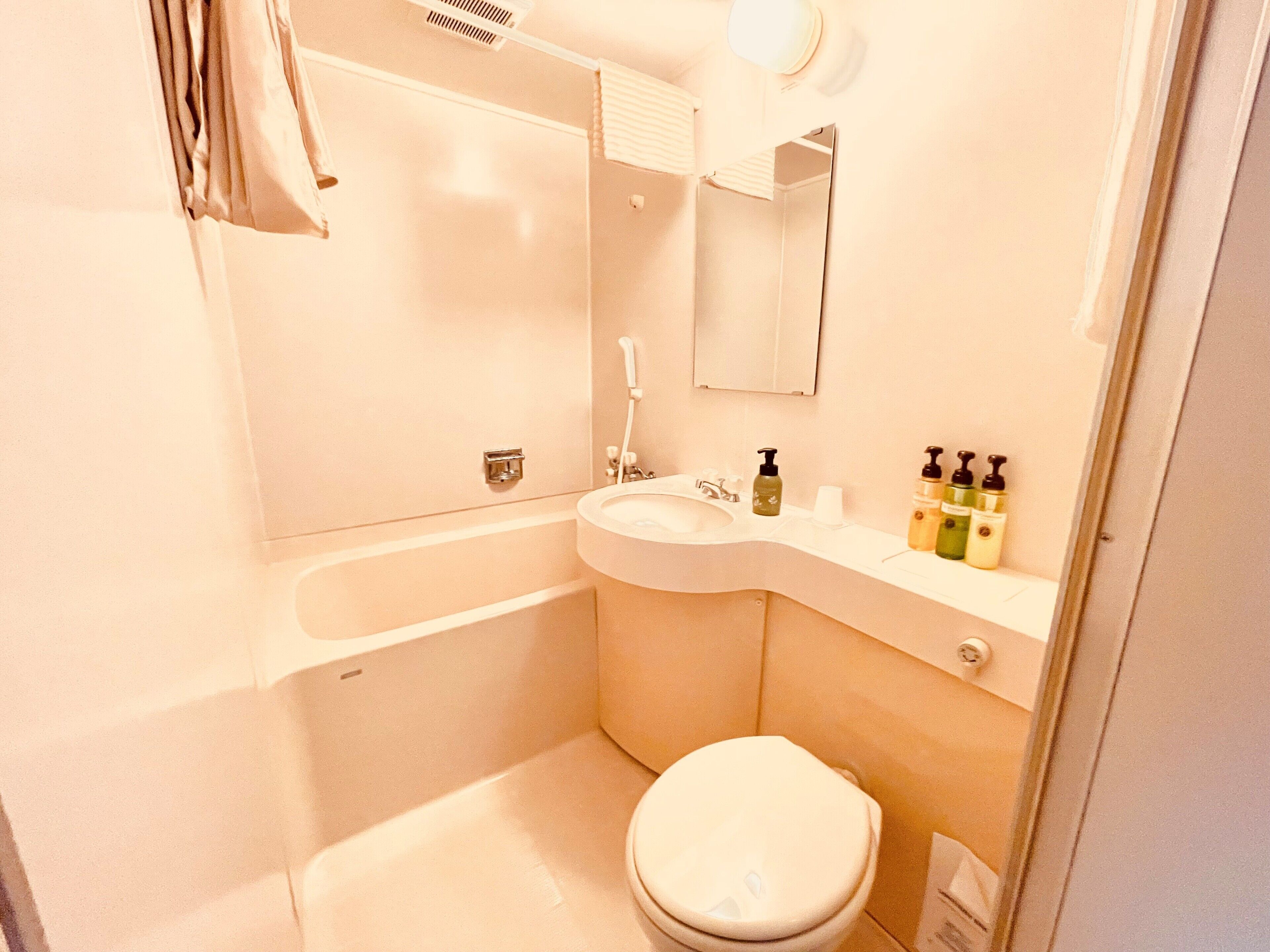 Combined shower/tub, free toiletries, hair dryer, slippers