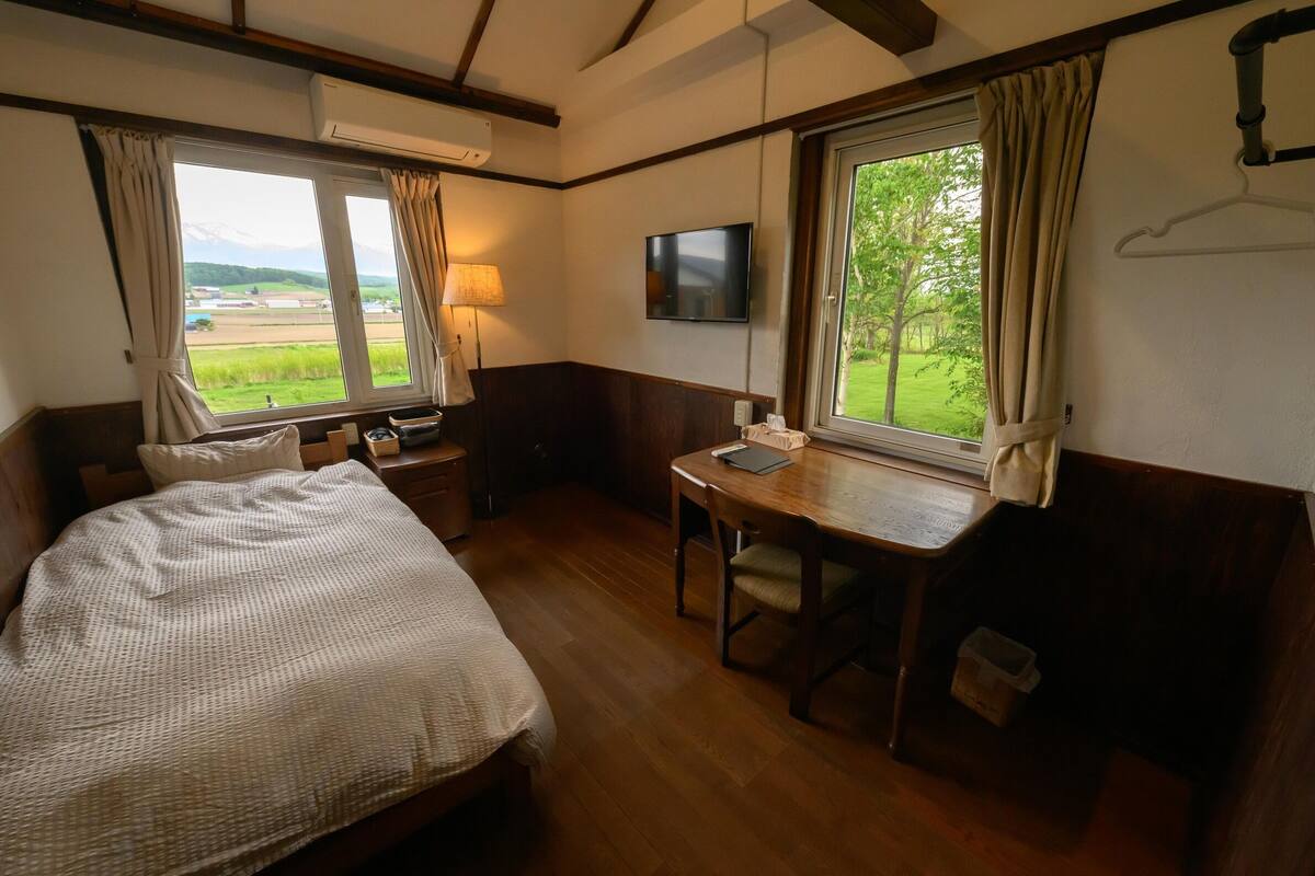 A hotel room with a bed, a desk, a television, and a window with curtains.