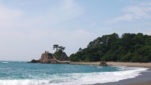 A beach with clear turquoise water, a sandy shore, and a forested hill in the background.