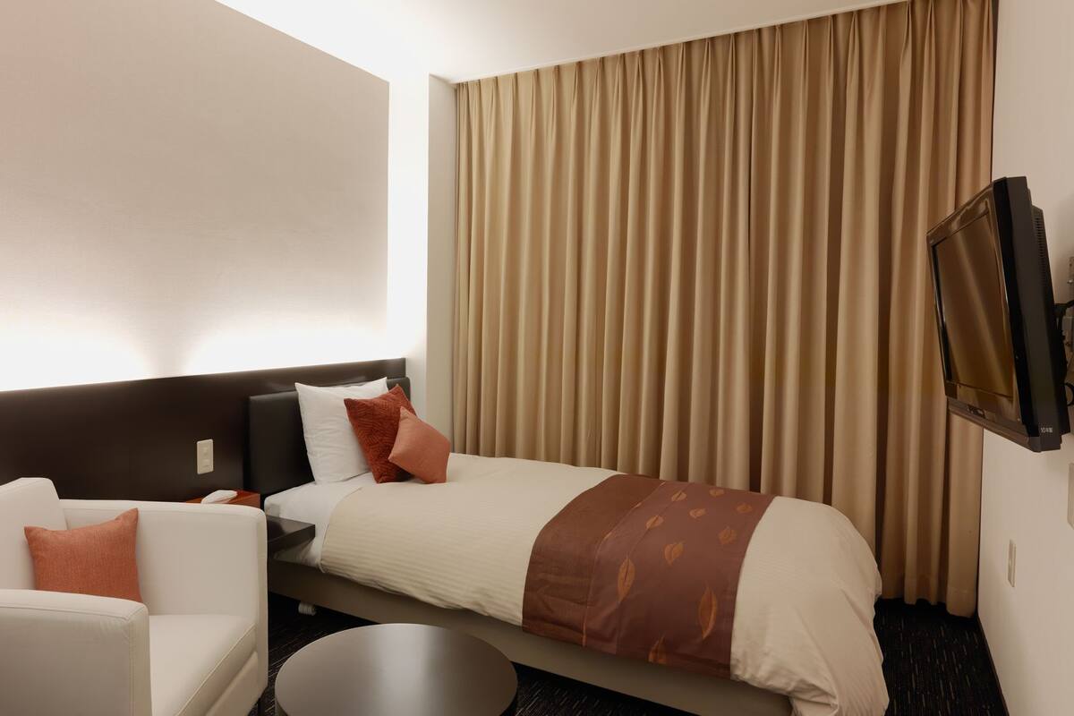 A hotel room with a bed, a sofa, a TV, and a curtain.