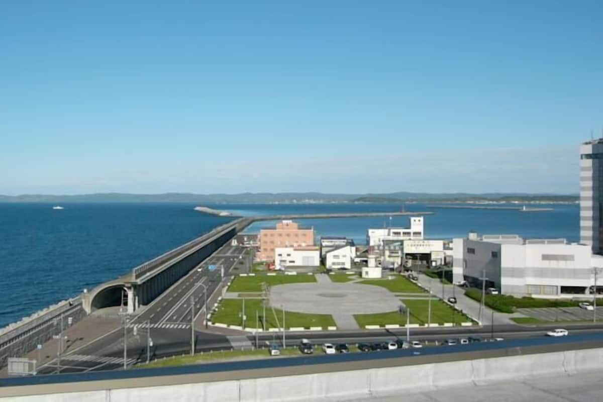 A coastal bridge with a road and buildings in the background.
