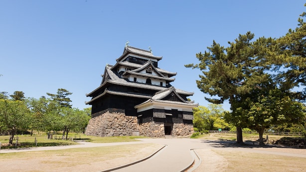 A traditional Japanese castle with multiple tiers, stone base, and wooden upper structure, surrounded by a pathway and trees. - Matsue Plaza Hotel Annex (Matsue)