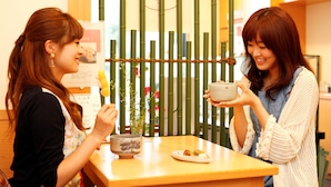Two people sitting at a table with a menu, a small plant, and a candle. - Matsue Plaza Hotel Annex (Matsue)