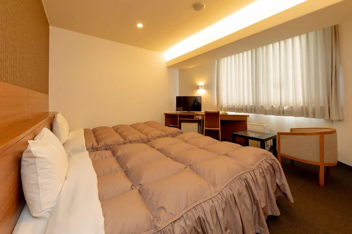 Habitació d'hotel amb un llit gran, una taula de nit, una cadira, una televisió i una finestra amb cortines.