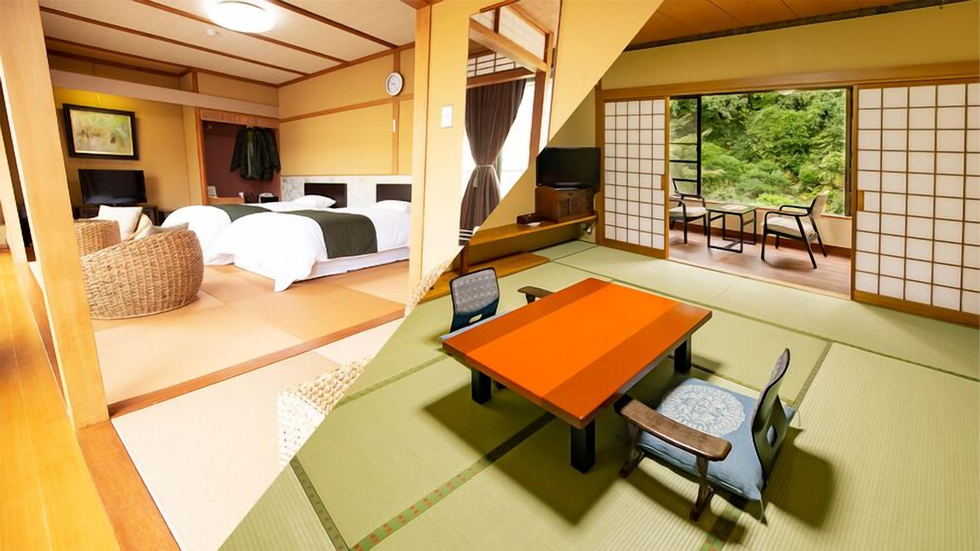 A traditional Japanese-style room with tatami flooring, a futon bed, a tatami mat table with a cushion, and a sliding door leading to a garden.