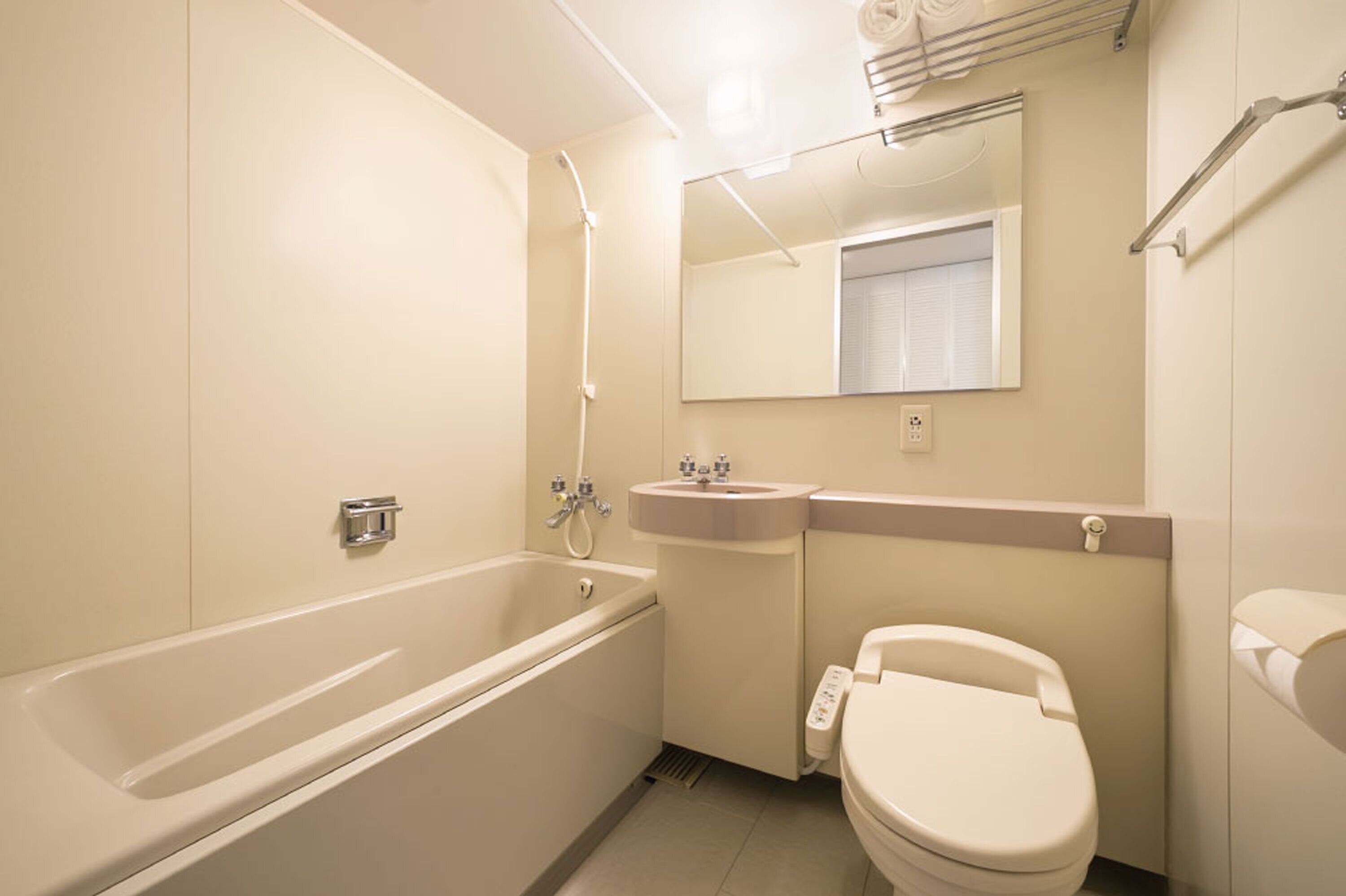 combined shower/bathtub, free toiletries, hair dryer, slippers