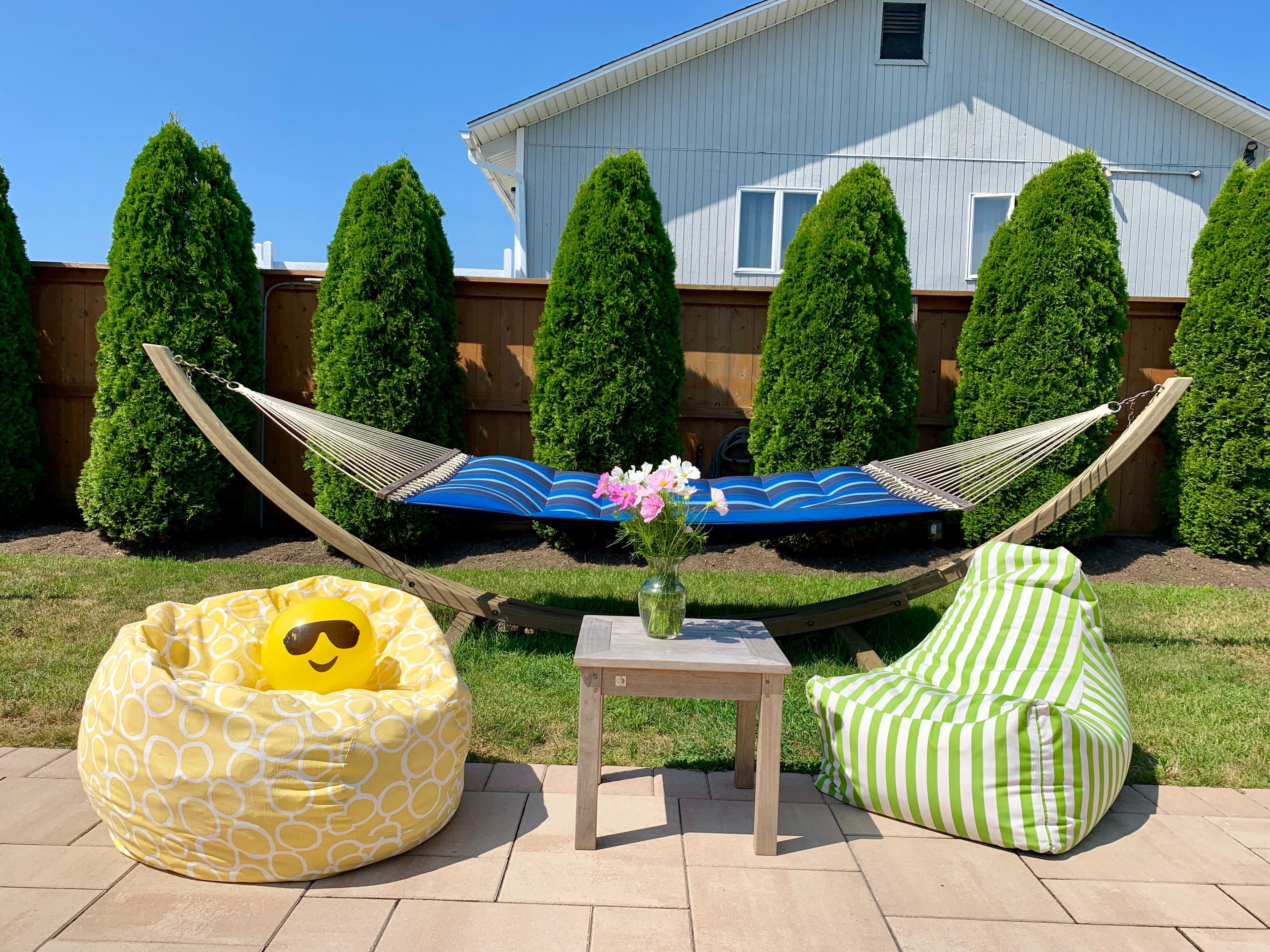 Seasonal outdoor pool, pool loungers