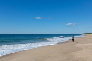 A beach with a person walking along the shore.