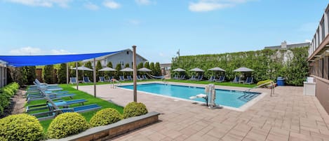 Seasonal outdoor pool, sun loungers