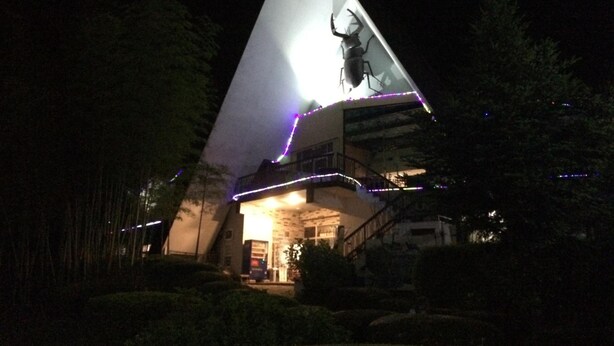 A modern building with a triangular roof structure, illuminated by purple lights, surrounded by greenery. - Hotel Famitic Myojin (Nikko)