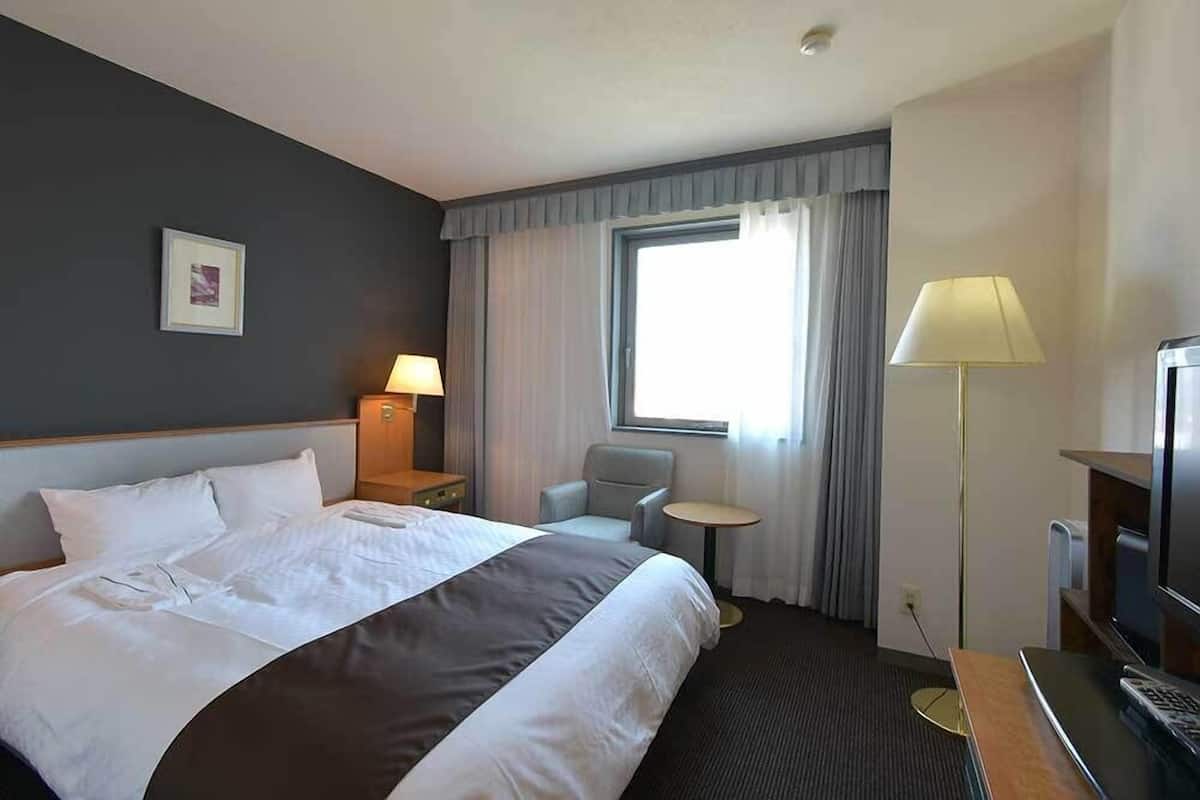 Una habitación de hotel con una cama grande, un escritorio, una silla, un televisor y una ventana con cortinas.