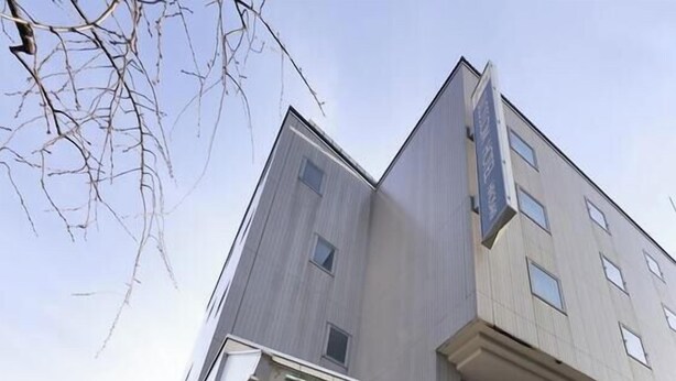 Un hôtel moderne doté d’un toit plat, de grandes fenêtres et d’une enseigne indiquant « Blossom Hotel ».