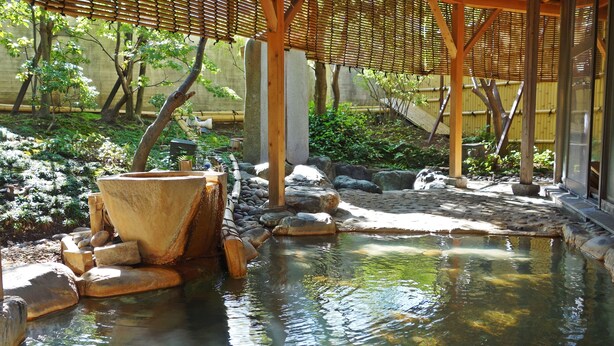 A traditional Japanese garden with a koi pond, bamboo structures, and stone lanterns. - Kansuitei Kozeniya (Tottori)