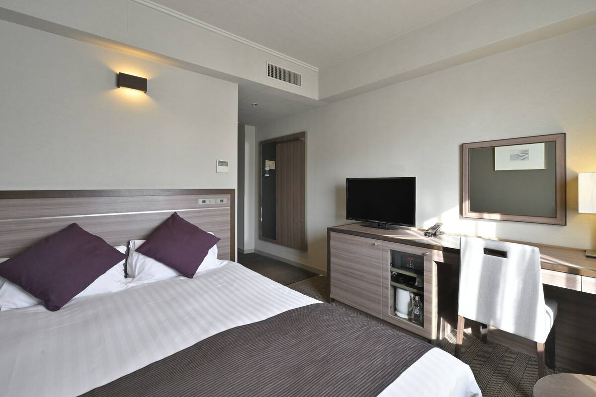 A hotel room with a bed, a desk, a television, and a mirror.