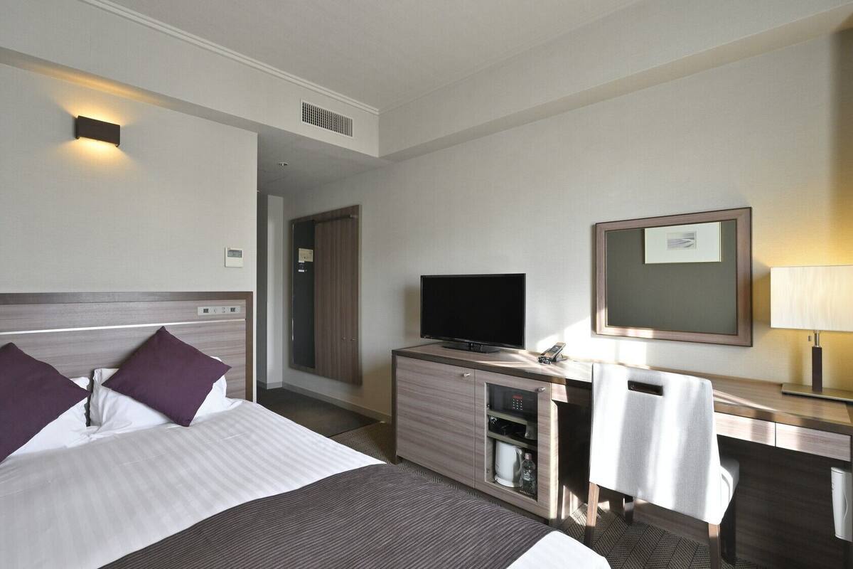 A hotel room with a bed, a TV, a desk, and a mirror.