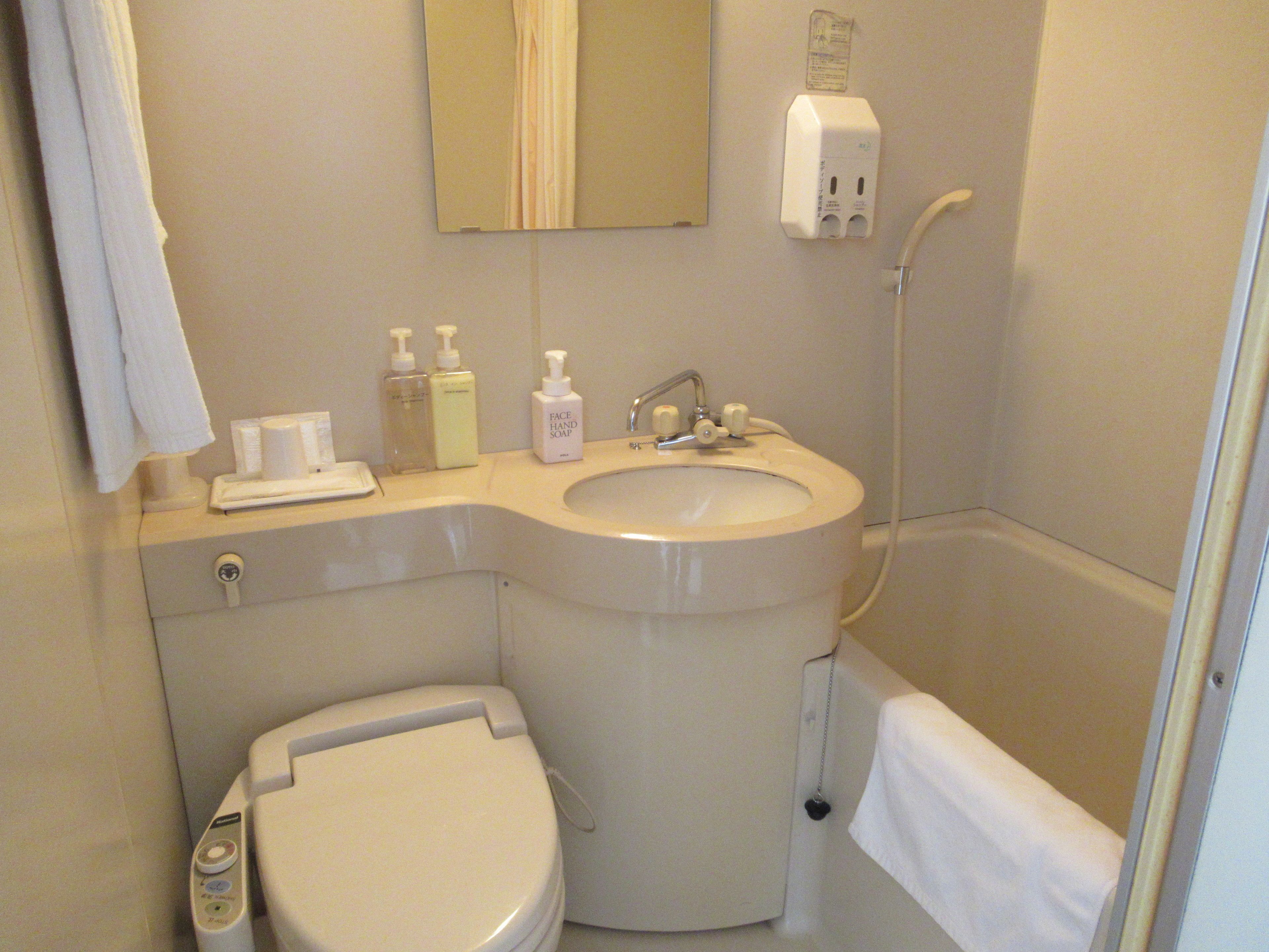combined shower/bathtub, bathrobes, slippers, bidet