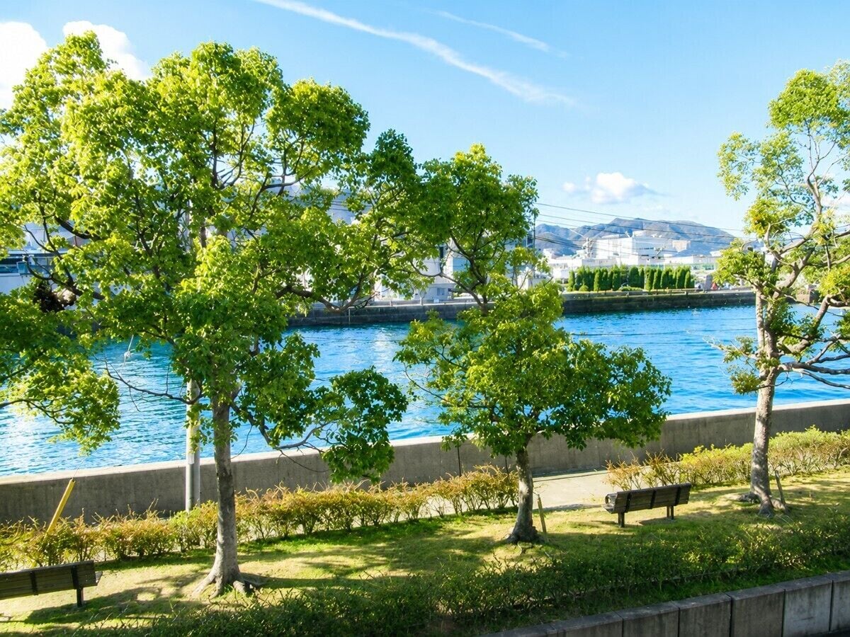 Un parc a la riba del riu, amb arbres, una banca i vista a un paisatge urbà.